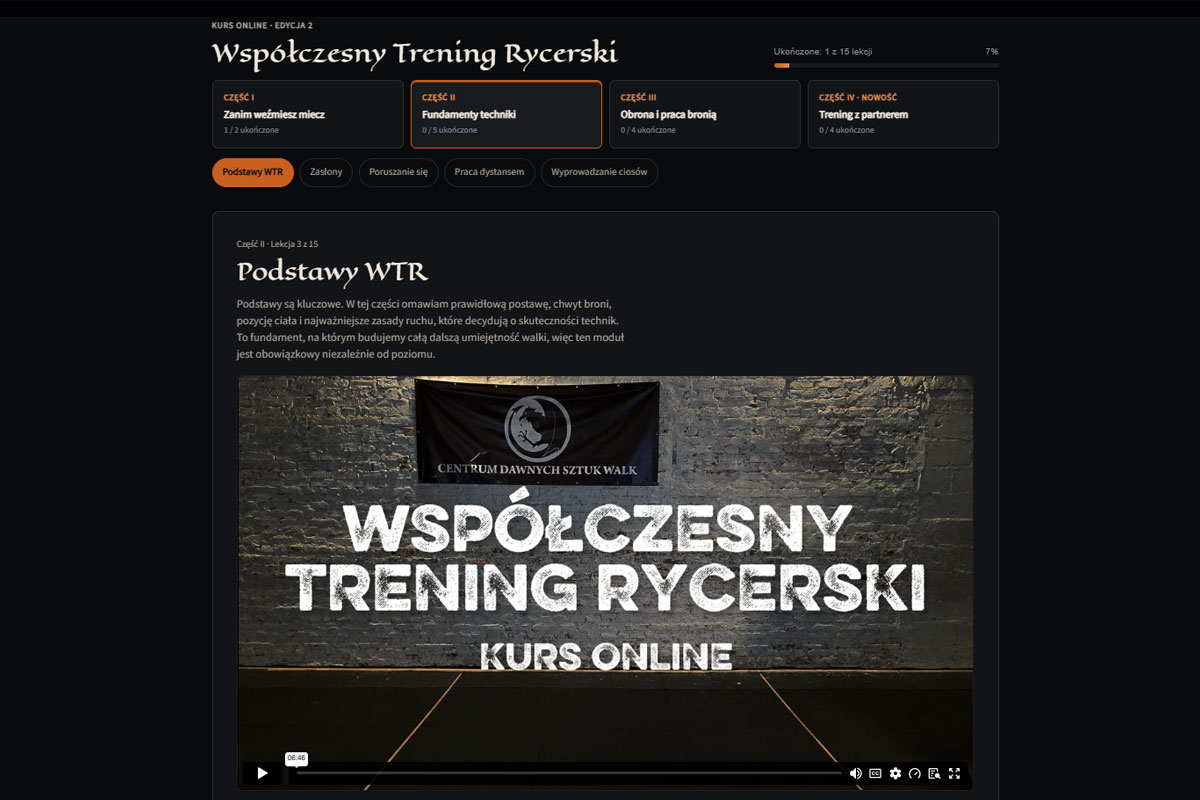 Platforma kursu online Współczesny Trening Rycerski: lista lekcji i postęp